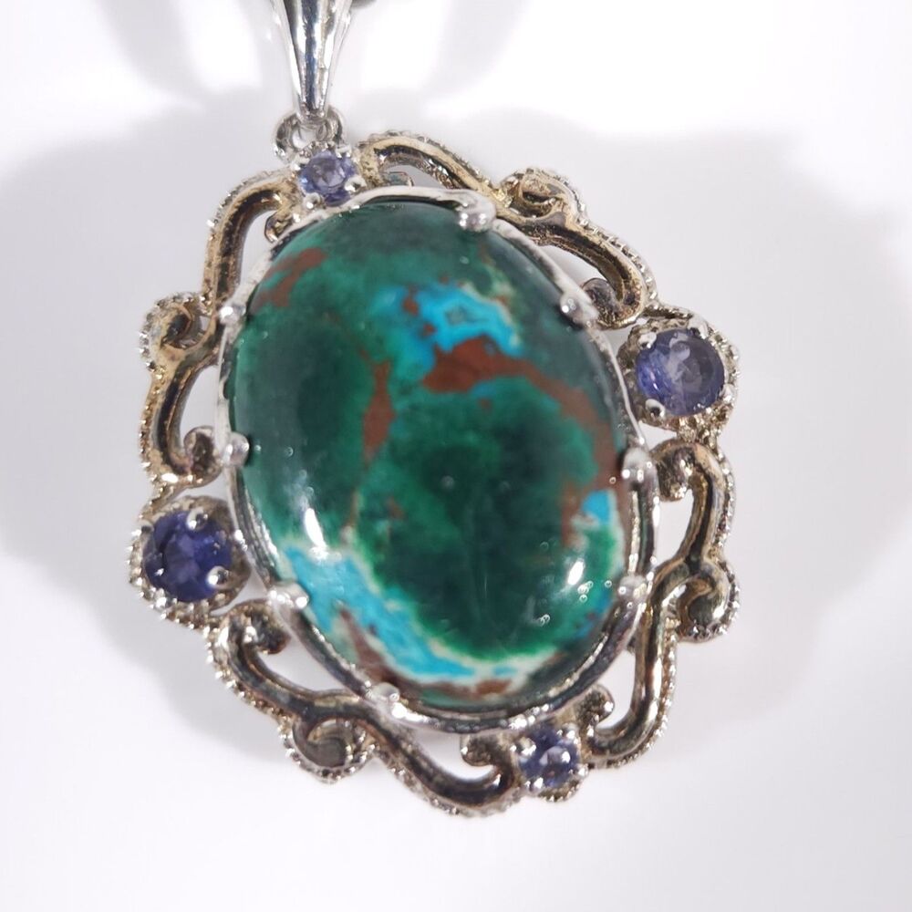Australian Chrysocolla and Iolite Pendant Necklace 14k YG and Sterling Silver
